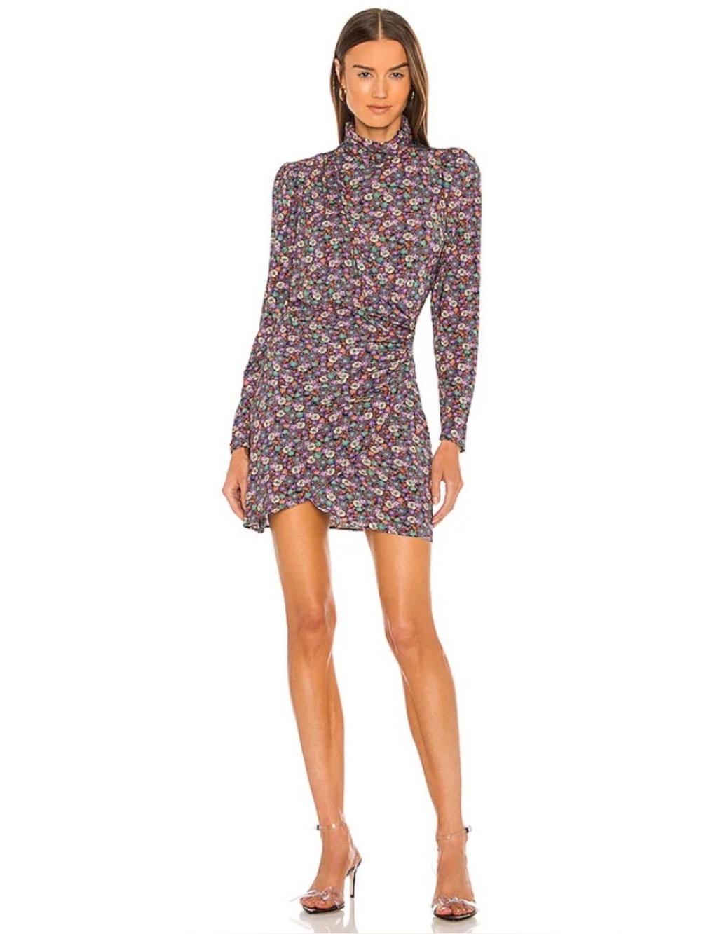 Ronny Kobo Ruby Mini Dress Floral Mock Neck Ruched Faux Wrap Large Stretch Skirt